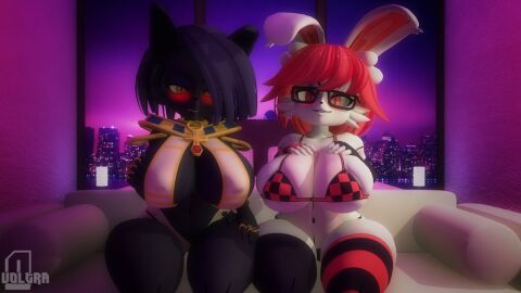 2023 2025 2d 2d_(artwork) 2girls 3d 3d_(artwork) big_boobs big_breasts black_body black_hair blush boobs breasts bunny_ears cat_ears clothed duo female female_only furry furry_only glasses huge_breasts in_heat_(game) n_voltra nile_(in_heat) nipples nude orange_eyes poppi_(in_heat) red_hair short_hair sofa tagme tongue white_body white_hair yellow_eyes