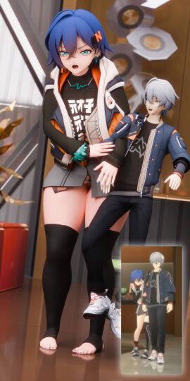 3d belle_(zenless_zone_zero) blue-haired_female blue_hair brother_and_sister extrathic female giantess grey-haired_male grey_hair height_difference hoyoverse large_female male mihoyo mini_giantess overprotective protective size_difference thick_thighs thighs video_game_character wise_(zenless_zone_zero) zenless_zone_zero