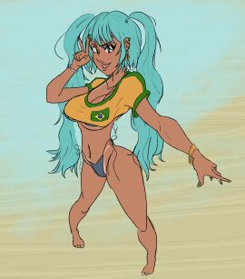 2d artist_request athletic athletic_female barefoot beach bikini bikini_tan blue_eyes bracelet brazil brazilian brazilian_female brazilian_miku breasts busty cameltoe crop_top earrings erect_nipples female female_focus female_only full_body hatsune_miku hourglass_figure long_hair makeup micro_bikini nail_polish navel navel_piercing nipple_bulge nipples outdoors outside piercing pussy t-shirt tagme tan tan_body tan_skin tanline thong_bikini turquoise_eyes turquoise_hair twintails v v_sign vocaloid wide_hips