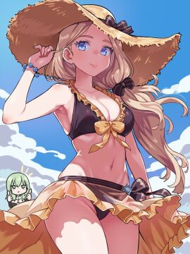2girls armpits bead_bracelet beads bikini black_bikini black_bow blonde_hair blue_eyes blue_sky bow bracelet breasts byleth_(fire_emblem) byleth_(fire_emblem)_(female) cleavage closed_mouth cloud cowboy_shot day double_thumbs_up female fire_emblem fire_emblem:_three_houses fire_emblem_heroes green_eyes green_hair hairbow hand_up hat highres ihcaris jewelry large_breasts light_brown_hair long_hair looking_at_viewer medium_breasts mercedes_von_martritz mercedes_von_martritz_(summer) multiple_females multiple_girls navel nintendo official_alternate_costume sarong sirachi sky smile solo_focus stomach sun_hat swimsuit thumbs_up