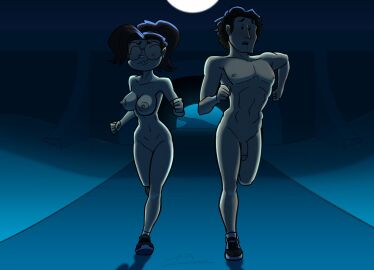 1boy 1girls abs admiring admiring_penis both_sexes_in_same_situation breasts casual female flaccid glasses himbo jake_(ludunes) jennifer_(ludunes) jennifer_santiago looking_at_penis ludunes male male_and_female_focus muscular_male naked_footwear nerd nerdy_female nipples nonsexual_nudity nude nude_exercise penis public public_nudity running streaking tagme uncensored