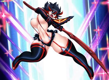 attack big_breasts blue_eyes blue_hair female kailyn kill_la_kill kreativekailyn matoi_ryuuko midair multicolored_hair muscular_female skimpy_armor thick_thighs