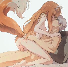 1boy 1girls animal_ear_fluff animal_ears anus ass breasts brown_hair butterchalk canon_couple closed_eyes completely_nude couple cowgirl_position female female_on_top grey_background grey_hair happy_sex highres holo human human_male husband_and_wife kemonomimi kissing kissing_while_penetrated kraft_lawrence light-skinned_female light_skin long_hair male nipples nude pussy romantic_couple sex short_hair simple_background small_breasts spice_and_wolf straddling tail uncensored vaginal_penetration wolf_ears wolf_girl wolf_tail