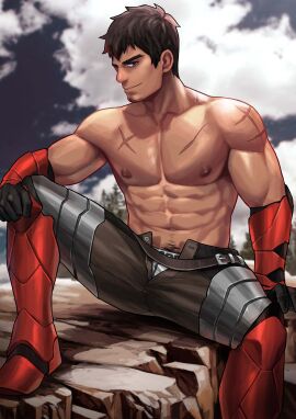 1boy abs armor brown_hair cocky dota dota:_dragon's_blood dota_2 dragon_knight_(davion) facial_hair gauntlets leg_armor looking_at_viewer male male_only maorenc muscular muscular_male nipples open_pants pecs scar seductive sitting smile smiling_at_viewer smirk smirking_at_viewer smug solo spread_legs topless underwear