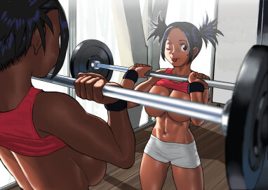 ;p abs armband arung_samudra_(cessa) ass athletic athletic_female barbell big_ass big_breasts black_hair breasts breasts_exposed breasts_out cessa convenient_censoring convenient_censorship curvy curvy_female curvy_figure cute dark-skinned_female dark_skin deadlift exercise female female_only large_breasts mirror muscles muscular muscular_arms muscular_female muscular_thighs parted_bangs pigtails pink_topwear reflection short_hair sports_bra sportswear tongue tongue_out twintails voluptuous voluptuous_female weightlifting weights white_shorts wink winking winking_at_viewer wooden_floor