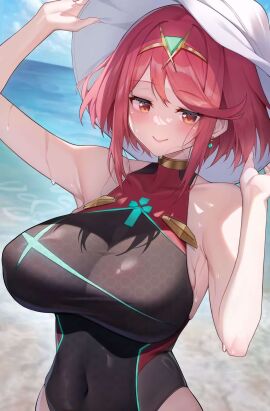 1girls arm_up armpits bare_arms beach black_one-piece_swimsuit blush breasts closed_mouth collarbone commentary_request core_crystal covered_navel earrings female hat highres jewelry jihua_tong large_breasts looking_at_viewer ocean one-piece_swimsuit outdoors pyra red_eyes red_hair short_hair solo sun_hat swimsuit upper_body water wet white_hat xenoblade_(series) xenoblade_chronicles_2