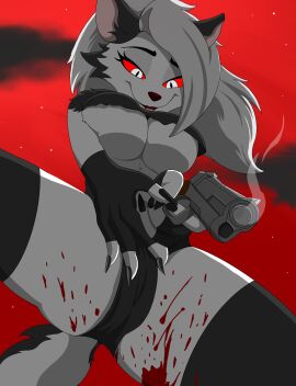anthro big_breasts black_nose bodily_fluids breasts canid canid_demon canine clothing cloud colt demon female fur gun hair handgun hellhound helluva_boss hi_res legwear loona_(helluva_boss) low-angle_view m1911 mammal mythological_canine mythological_creature mythology pistol ranged_weapon red_sclera smile smoke smoking_gun solo tail thick_thighs thigh_highs under_boob weapon white_body white_eyes white_fur white_hair zebra10045