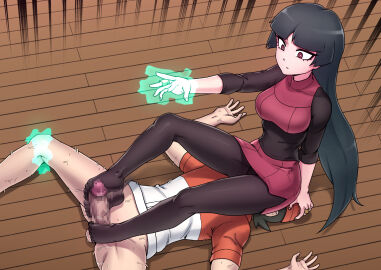 1boy 1girls afterimage black_hair black_legwear blunt_bangs bottomless breasts bright_pupils brown_eyes censored chase_(pokemon) closed_mouth clothed clothed_sex clothing emphasis_lines erection expressionless eyelashes female female_on_top femdom foot_fetish foot_focus footjob glowing hand_on_another's_head highres indoors knees leggings long_hair looking_down maggea22 male mixed-language_commentary mosaic_censoring outstretched_arm pantyhose penis pokemon pokemon_lgpe sabrina_(pokemon) sabrina_(pokemon_lgpe) sitting_on_face skirt sleeves_past_elbows spread_legs straight sweat telekinesis tight_clothing two-footed_footjob vest white_pupils wide_hips wooden_floor