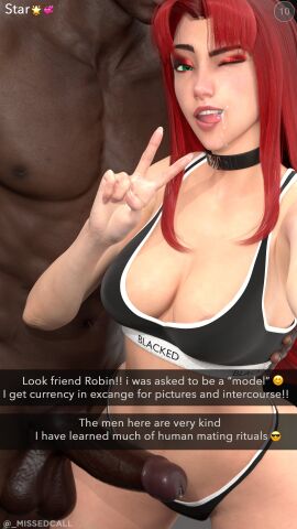 1boy 1girls 3d balls blacked blacked_clothing caption cheating_girlfriend cleavage cuckold cum cum_in_mouth cum_on_face dark-skinned_male dark_skin dc dc_comics english english_text female interracial large_penis male missed_call nipple_peek nude peace_sign penis red_hair selfie slut_collar snapchat starfire teasing_cuck_with_phone teen_titans testicles text underwear wink winking_at_viewer