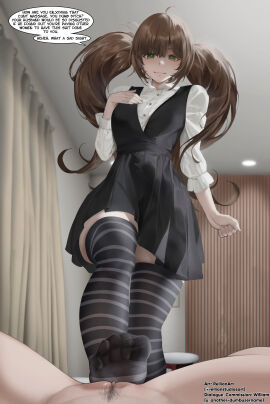2girls bedroom bottomless bottomless_female brown_hair brunette_hair cfnf clothed_female clothed_female_nude_female clothed_sex dialogue dialogue_box english eyes_open feet_on_pussy female female_footjob female_only female_pov femdom femsub foot_fetish foot_focus foot_on_pussy footjob footjob_with_legwear from_below_pov from_below_view green_eyes indoors inside legs_spread light-skinned_female light_skin looking_at_viewer looking_down_at_viewer lying_on_back oc on_back original_character paid_sex pov prostitution pubic_hair pussy rellianart shirt skirt smile smiling_at_viewer sock_fetish sockjob socks speech_bubble spread_legs stepping_on_pussy striped_socks thigh_high_socks thighhighs twintails twintails_(hairstyle) yuri