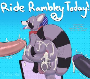 anthro anus ass balls big_ass bodily_fluids clothing cum cum_in_ass cum_inside cum_on_ass cum_on_balls gaping gaping_anus genital_fluids genitals glistening glistening_body group hat headgear headwear heart_eyes heart_symbol hi_res indigo_park leaking_cum looking_at_viewer male mammal presenting presenting_hindquarters procyonid raccoon radicalraccs rambley_raccoon simple_background solo solo_focus tongue tongue_out