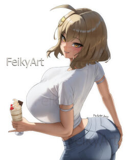 ahoge anis_(nikke) artist_name breasts brown_hair cat_hair_ornament denim feikyart female food goddess_of_victory:_nikke hair_ornament highres holding holding_food holding_ice_cream ice_cream jeans large_breasts looking_at_viewer pants see-through_clothes see-through_shirt shirt short_hair simple_background smile solo sundae watermark white_background white_shirt yellow_eyes