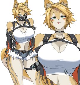 1girls animal_ear_fluff animal_ears black_mask blue_shorts body_fur breasts cat_ears cat_girl cat_tail choker cleavage cross-laced_sleeves female fur-trimmed_shorts fur_trim furry furry_female green_eyes highres ilo_a5 large_breasts mask mouth_mask multicolored_fur nasu_(ilo_a5) pulchra_fellini short_hair shorts tagme tail yellow_fur zenless_zone_zero