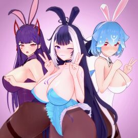 3d 3girls ahoge akuma_nihmune areola_slip areolae ass bao_(vtuber) big_ass big_breasts blue_hair blue_nails body_markings breasts bunny_ears bunnysuit collar dark_hair deluxe_rosie demon demon_girl demon_horns female female_only heart_ahoge hips horns hourglass_figure huge_breasts indie_virtual_youtuber leotard light-skinned_female light_skin lipstick long_hair looking_at_viewer multicolored_hair nipple_bulge open_mouth orca_girl orca_tail pantyhose peace_sign pink_eyes pink_nails pose posing purple_eyes purple_hair red_eyes short_hair shylily smile standing strapless_leotard succubus tail the_bikini_bottoms thick_thighs thighs thin_waist virtual_youtuber whale_girl white_hair wide_hips