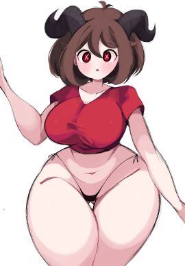 almost_naked big_breasts bikini breasts brown_hair emi_(gazericc) female gazericc light-skinned_female light_skin no_background original original_character ram_horn red_eyes short_hair slightly_chubby thick_thighs