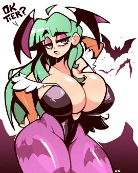 1girls 4:5 big_breasts breasts breasts_bigger_than_head clothed darkstalkers female female_only fully_clothed green_eyes green_hair head_wings huge_breasts large_breasts legendofnerd long_hair marvel_vs._capcom morrigan_aensland solo solo_female thick_thighs wings