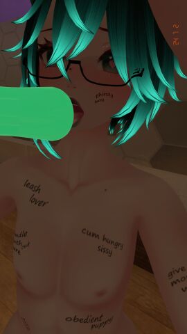 1boy 3d after_masturbation black_hair black_lipstick body_writing cum_cleanup cum_in_own_mouth femboy fluffyafterdark glasses green_eyes green_highlights licking_sex_toy male onahole self_upload solo_male two-tone_lips vrchat vrchat_avatar wolf_boy