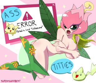 1animal 1girls artist_name ass baby_digimon boots breasts cleavage covering_breasts digimon digimon_xros_wars english_text female leaf_wings lillymon nude pickmon pink_hair supermondobeat wings zerimon