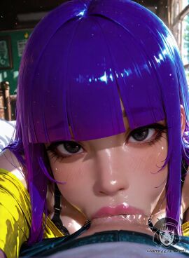 1boy 1girls ai_generated ai_video alberist asian asian_female bare_shoulders bed bedroom black_bra blowjob_face blunt_bangs close-up deepthroat deepthroat_no_hands eyelashes fellatio from_below glitch_techs lacy_bra long_hair makeup miko_kubota night oral purple_hair shiny_skin tagme thick_lips vacuum_fellatio video yellow_shirt