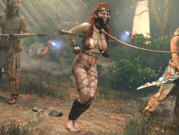 1girls 2boys 3d aloy bondage breasts captured captured_heroine collar female female_focus femsub forced_nudity horizon_zero_dawn male muzzle_(object) nipples red_hair rope spm_fx tied_up
