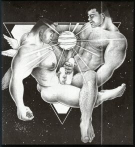 2boys abs angel_and_devil ass bara beard_stubble blank_censor censored connected_beard cum facial_hair from_above girthy_penis greyscale hairy highres large_pectorals leg_hair leg_on_another's_leg male male_focus male_masturbation male_pubic_hair masturbation mature_male mikami_futa mini_wings monochrome multiple_boys multiple_males muscular muscular_male mutual_masturbation navel navel_hair nipple_hair nipples original pectorals penis planet profile pubic_hair shaved_body short_hair sky space spread_legs star_(sky) starry_sky stubble sunburst thick_chest_hair thick_eyebrows tusks wings yaoi