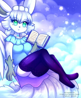 1girls alolan_vulpix black_stockings blue_shirt book ear ears_up female green_eyes holding_book laiba_(starlightnexus) long_stockings pokemon pokemon_(species) short_skirt short_sleeves skirt sky starletnexus starlight_nexus stockings tail thigh_highs thighhighs upskirt vulpix white_hair