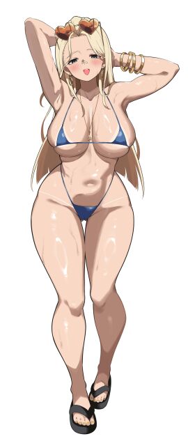 absurdres bandaid bandaid_on_face bandaid_on_nose bikini blue_bikini blue_eyes blunt_ends blush bracelet breasts cameltoe centi_(nikke) centi_(ocean_repair)_(nikke) collarbone commentary_request curvy eyewear_on_head feet female gluteal_fold goddess_of_victory:_nikke heart heart-shaped_eyewear highres jewelry large_breasts long_hair micro_bikini navel neck official_alternate_costume open_mouth parted_bangs partially_undressed pussy sandals sideboob simple_background sleeves_rolled_up smile stomach sunglasses sweat swimsuit tape_measure thigh_gap thighs toes underboob white_background wrench yabai_gorilla