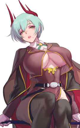 belt big_breasts blush bob_cut breasts cloak e_i_s_h_u_n_(artist) female green_eyes grey_hair horns inner_sideboob long_sleeves looking_at_viewer milf milkers oc original original_character slim_waist stockings thick thick_thighs underboob wide_hips