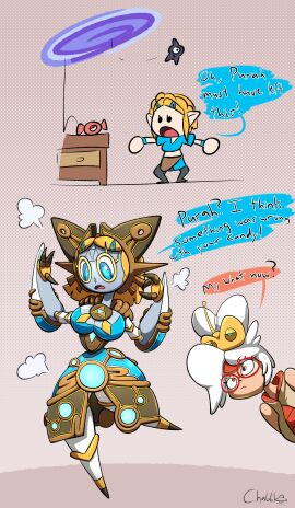 blue_eyes chabble comic dialogue english_text female fusion_character guardian_(zelda) magearna mechanical_transformation mechanization pokemon pokemon_(species) portal princess_zelda purah purah_(tears_of_the_kingdom) rare_candy robot robot_girl robot_humanoid robot_transformation robotization tears_of_the_kingdom text the_legend_of_zelda the_legend_of_zelda:_tears_of_the_kingdom transformation unown white_hair yellow_hair