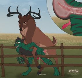 2boys against_fence against_surface anthro anthro_on_feral anthro_penetrated antlers bent_over bodily_fluids brown_body brown_fur canid canine cloven_hooves cum cum_drip cum_in_ass cum_inside cumshot deer dripping duo ejaculation fence fenn.perrox feral feral_penetrating feral_penetrating_anthro feral_rape fox fur gay genital_fluids green_body green_fur hi_res hooves horn inflation internal internal_anal larger_feral licking licking_lips male male/male male_anthro male_feral male_only mammal penetration sex size_difference smaller_male tears_of_pain tongue tongue_out whiskers zoophilia