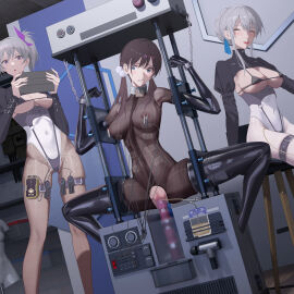 3girls absurdres ass_visible_through_thighs black_pantyhose bodystocking bondage breasts brown_hair catheter collar covered_navel dildo egg_vibrator female female_urethral_insertion grey_eyes grey_hair highres large_breasts leotard long_hair low_twintails multiple_females multiple_girls object_insertion open_mouth original pantyhose pussy restrained roundschen scared separated_arms separated_legs sex_toy shrug_(clothing) side_ponytail sidelocks skin_tight skindentation sounding thigh_strap twintails urethral_insertion vaginal_object_insertion vaginal_penetration vibrator white_leotard