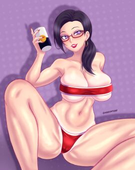 alcohol assymptoad beer bikini black_hair blush breasts cameltoe can cleavage demi-chan_wa_kataritai demon female glasses highres hoop_earrings jewelry large_breasts lips lipstick long_hair navel open_mouth ponytail purple_eyes pussy satou_sakie simple_background smile solo spread_legs succubus swimsuit tanline tanlines tube_top