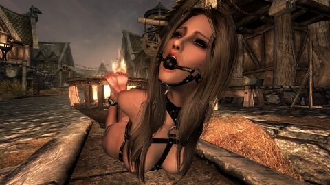 1girls 3d arms_behind_back ball_gag blonde_hair bondage bondage_harness female gag gagged harness hogtie imperial m7seven skyrim the_elder_scrolls