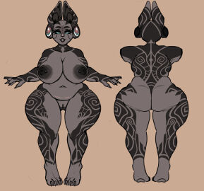 abdominal_scar absurd_res anthro areola ass big_areola big_ass big_breasts big_butt black_areola black_tattoo body_tattoo breasts brown_body domestic_cat don_george dongeorgep ear_piercing felid feline felis female front_view gauged_ear genitals green_eyes hairless hairless_cat hi_res ixchel_(charliecorvinus) mammal model_sheet navel ninnasaurio nipple_piercing nipples open_mouth piercing pussy rear_view scar solo sphynx_(cat) tattoo thick_thighs