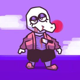 2020 alligator alligatorid anthro black_bottomwear black_clothing black_shorts blood_from_mouth blood_in_mouth bodily_fluids bottomwear clothing cloud crocodilian datbx datbx_(datbx) digital_media_(artwork) footwear half-closed_eyes hi_res jacket knife looking_at_viewer male melee_weapon narrowed_eyes nosebleed on_ground pink_clothing pink_footwear pink_jacket pink_shoes pink_topwear purple_background purple_clothing purple_eyes purple_shirt purple_t-shirt purple_topwear reptile scales scalie shirt shoes shorts simple_background solo stab standing sun t-shirt topwear weapon white_body white_nose white_scales