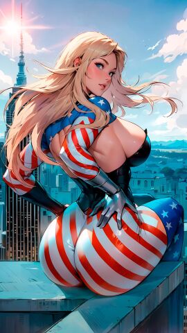 american_flag ass big_ass big_breasts blonde_hair blue_eyes breasts female sky