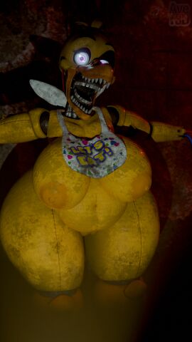 3d_(artwork) absurd_res animatronic anthro apron apron_only areola artist_logo avet3d beak belly bib big_breasts blender_(artwork) breasts chica_(fnaf) clothing dark_lighting digital_media_(artwork) endoskeleton female five_nights_at_freddy's five_nights_at_freddy's_2 fur glowing glowing_eyes hi_res logo looking_at_viewer machine nipples nude pussy pussy_peek robot scottgames sharp_teeth solo standing teeth withered_chica yellow_body yellow_fur