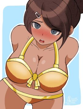 2023 alternate_version_available arms_behind_back asahina_aoi big_breasts bikini blue_background blush breasts brown_body brown_hair brown_skin danganronpa danganronpa:_trigger_happy_havoc dark-skinned_female dark_skin embarrassed embarrassed_female female female_focus female_only grey_eyes hairclip nipples pussy short_hair spicyboi tied_hair white_border yellow_bikini