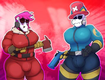 2futas absurd_res anthro big_breasts bone breasts bulge caracal caracal_(genus) clothing duo felid feline female fempyro flare_gun flopyro futanari gloves hair handwear hat headgear headwear hi_res humanoid intersex intersex/intersex latex latex_clothing latex_gloves latex_handwear latex_skinsuit mammal mask pink_hair pyro_(team_fortress_2) skinsuit skull skull_head skull_mask srrealleaf team_fortress_2 thick_thighs tight_clothing valve zipper