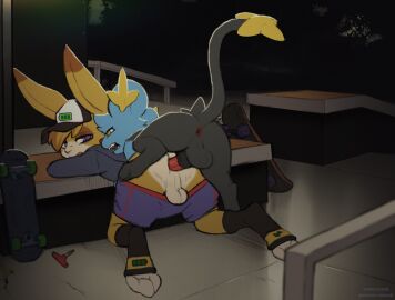 animated blue_fur brown_fur bunny dacad furry gay gay_sex male nintendo pokemon pokemon_(species) public public_sex rabbit shinx skate_park skateboard small_dom_big_sub