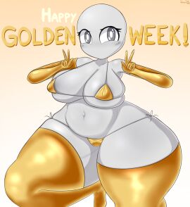 1girls big_thighs blush breasts dannyiac elbow_gloves female female_only geebee_(dannyiac) gloves gold gold_bikini gold_gloves gold_thighhighs golden_bikini grey_body grey_eyes grey_skin one_leg_up original peace_sign text thick_thighs thighhighs