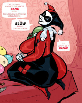 artist_name balloon bbw blue_eyes bodysuit breasts costume dc dc_comics domino_mask english english_text female harley_quinn harley_quinn_(classic) huge_ass hugotendaz innuendo jester jester_hat jester_outfit knife large_breasts looking_at_viewer looking_back looking_over_shoulder mask speech_bubble text villainess weapon white_facepaint