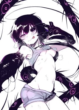 1girls :p bags_under_eyes black_sclera breasts claws colored_sclera female karasu_raven medium_breasts monster monster_girl no_bra original sclera selfie smile sweat tongue tongue_out underboob