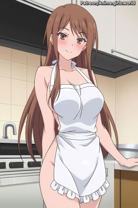 1girls apron apron_only ayane_shirakawa big_breasts blush breasts brown_hair cleavage embarrassed female female_focus female_only highres kaiduka kitchen large_breasts light-skinned_female light_skin looking_away naked_apron nude nude_female overflow_(series) screencap seductive seductive_eyes seductive_look seductive_smile smile smiling smiling_at_viewer solo standing