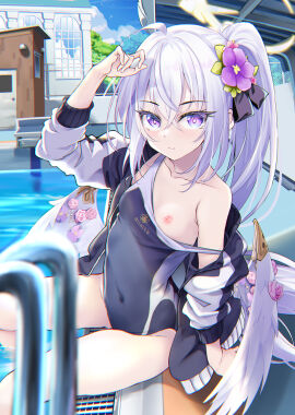 ahoge azusa_(blue_archive) bare_legs bare_shoulders bare_thighs belly_button_visible_through_clothing black_jacket blue_archive blush breasts closed_mouth clothes_pull collarbone doujin_cover doujinshi feathered_wings female flower_in_hair hair_ornament hair_ribbon halo hand_up hitsujibane_shinobu jacket long_hair long_sleeves nipples off_shoulder one_breast_out one_piece_swimsuit open_clothes open_jacket outdoors ponytail pool pool_ladder poolside purple_eyes school_swimsuit sitting small_breasts smile soaking_feet strap_pull swimsuit swimsuit_pull swimsuit_under_clothes thighs water white_hair young