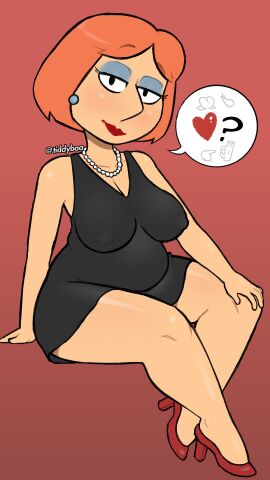 1girls bedroom_eyes black_dress eyeshadow family_guy female hand_on_leg lois_griffin nipples_visible_through_clothing pearl_necklace red_hair red_heels red_lipstick tiddybaa_(artist)