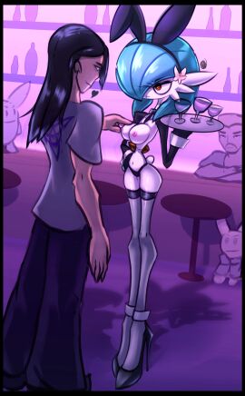 absurd_res anthro breasts bunny_costume clothing costume detailed_background digital_media_(artwork) eyelashes fake_ears fake_rabbit_ears female footwear gardevoir generation_3_pokemon hair hi_res high_heels legwear nintendo nipples pokemon pokemon_(species) red_eyes reverse_bunny_costume stockings warlocke