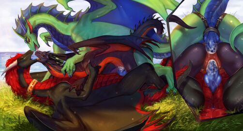 anal anal_sex bisexual bodily_fluids double_penetration dragon european_mythology female female/female feral feral_on_feral from_behind_position fur genital_fluids grass group hi_res larger_male listria_(listria-dragoness) male male/female mythological_creature mythological_scalie mythology open_mouth outside penetration plant pussy red_body red_fur scalie sex size_difference spikes trio vaginal_fluids vaginal_penetration western_dragon zenvist