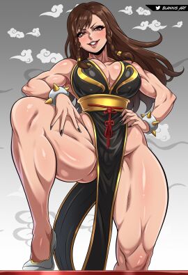 2024 absurdres alternate_costume artist_name ass bare_legs bare_shoulders black_eyes black_hair black_nails blannis_art blush bracelet breasts capcom china_dress chinese_clothes chun-li chun-li_(battle_ouffit_sfv) cleavage cleavage_cutout clothing_cutout collarbone commentary dress english_commentary female female_focus flats foot_out_of_frame full_body gluteal_fold gradient_background groin hair_tubes hand_on_own_hip hand_on_own_thigh highres jewelry large_breasts leg_up long_hair looking_at_viewer mature_female milf muscular muscular_female nail_polish parted_lips pelvic_curtain red_lips serious shiny_skin shoes sidelocks simple_background sleeveless sleeveless_dress smile solo spiked_bracelet spikes spread_legs straight_hair street_fighter street_fighter_v swept_bangs thick_lips tsurime white_background white_footwear
