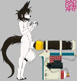 absurd_res animal_genitalia anthro balls big_balls big_penis black_ears black_hair canid canine canine_genitalia digital_media_(artwork) expansion genital_expansion genital_growth genital_growth_(enlargement) genitals hair hi_res hose huge_balls huge_cock kb knot knotted_penis machine male mammal penis penis_expansion penis_growth penis_growth_(enlargement) penis_pump pink_eyes pump rad-dan-art solo surprised_expression unknown_species vacuum_pumping white_body